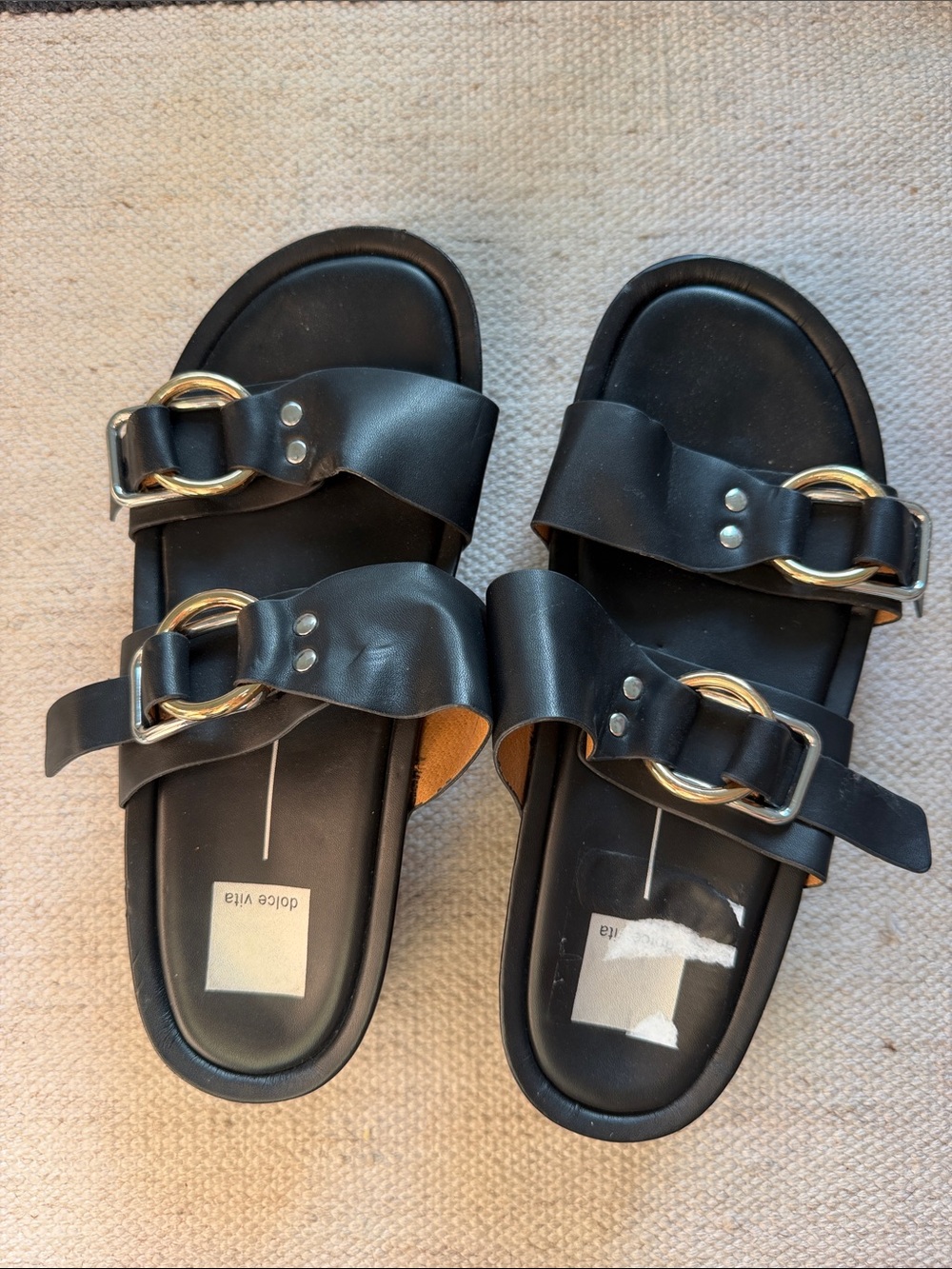 Dolce Vita Black Leather Double-Band Slide Sandals with Gold Buckles